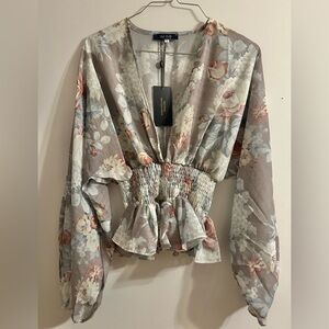 Trish Scully Floral V-Neck Blouse with Smocked Waist